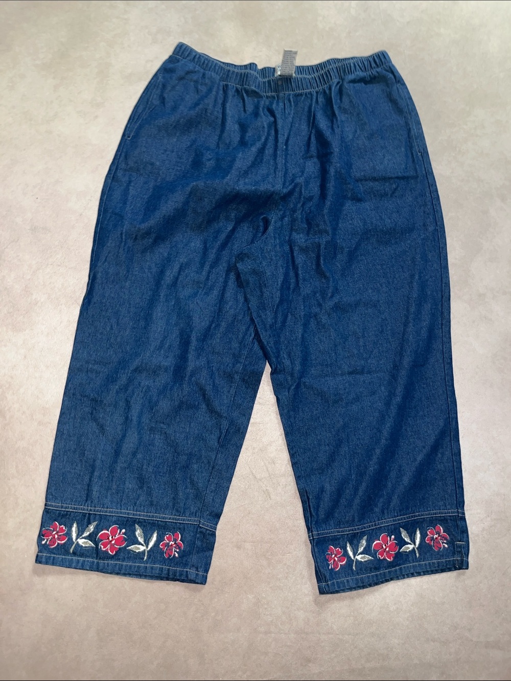 True Vintage Koret City Blues Blue Denim Elastic Waist Pants With Floral Trim